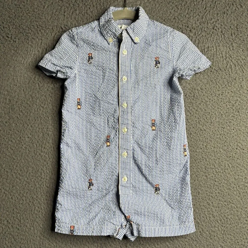 Ralph Lauren Polo Bear One-Piece Romper Seersucker Short Sleeve Baby Size 12M